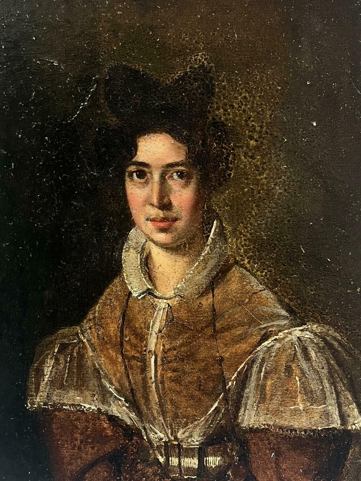 French School830’s French Portrait Of A Lady In Brown Jacket White Lace Trim, Oil Painting1830’s photo furniture