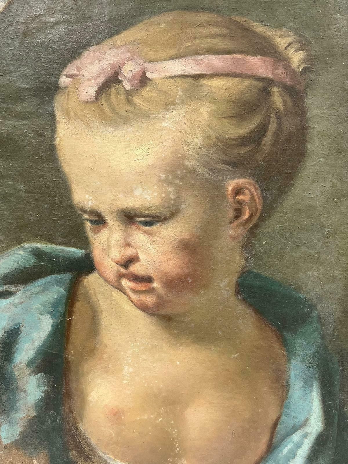 French School1800’s French Rococo Oil Portrait Of Young Girl Pink Bow Blue Dress To Restore photo Art