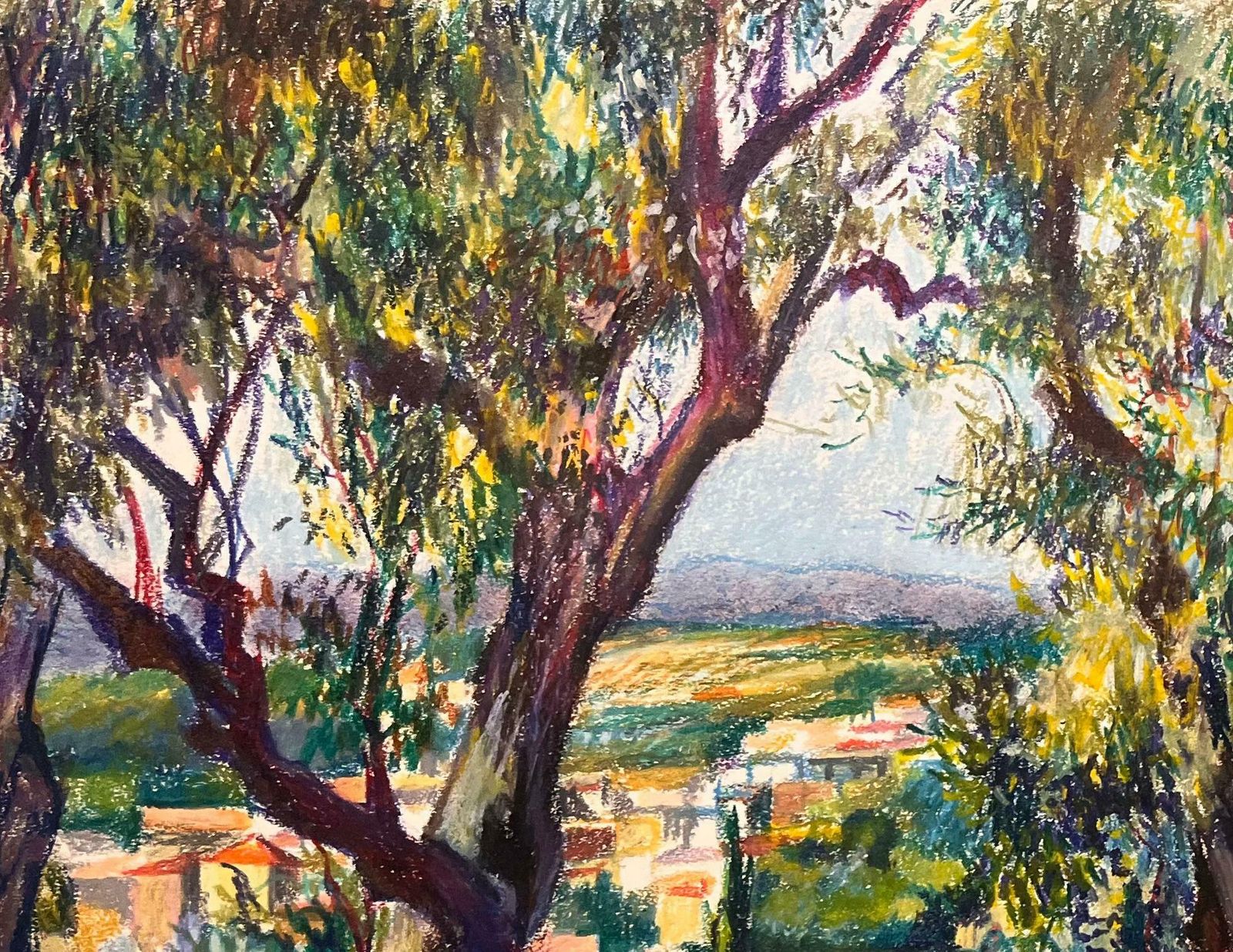 Josine Vignonmid Century French Original Pastel Drawing Of Sunlit Woodland And Village1950's photo for sale