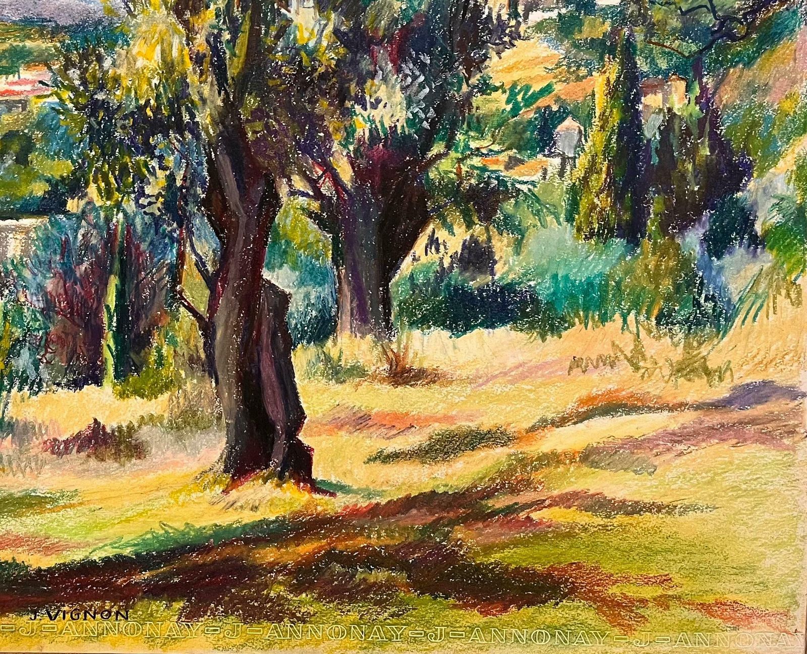 Josine Vignonmid Century French Original Pastel Drawing Of Sunlit Woodland And Village1950's photo 890.0