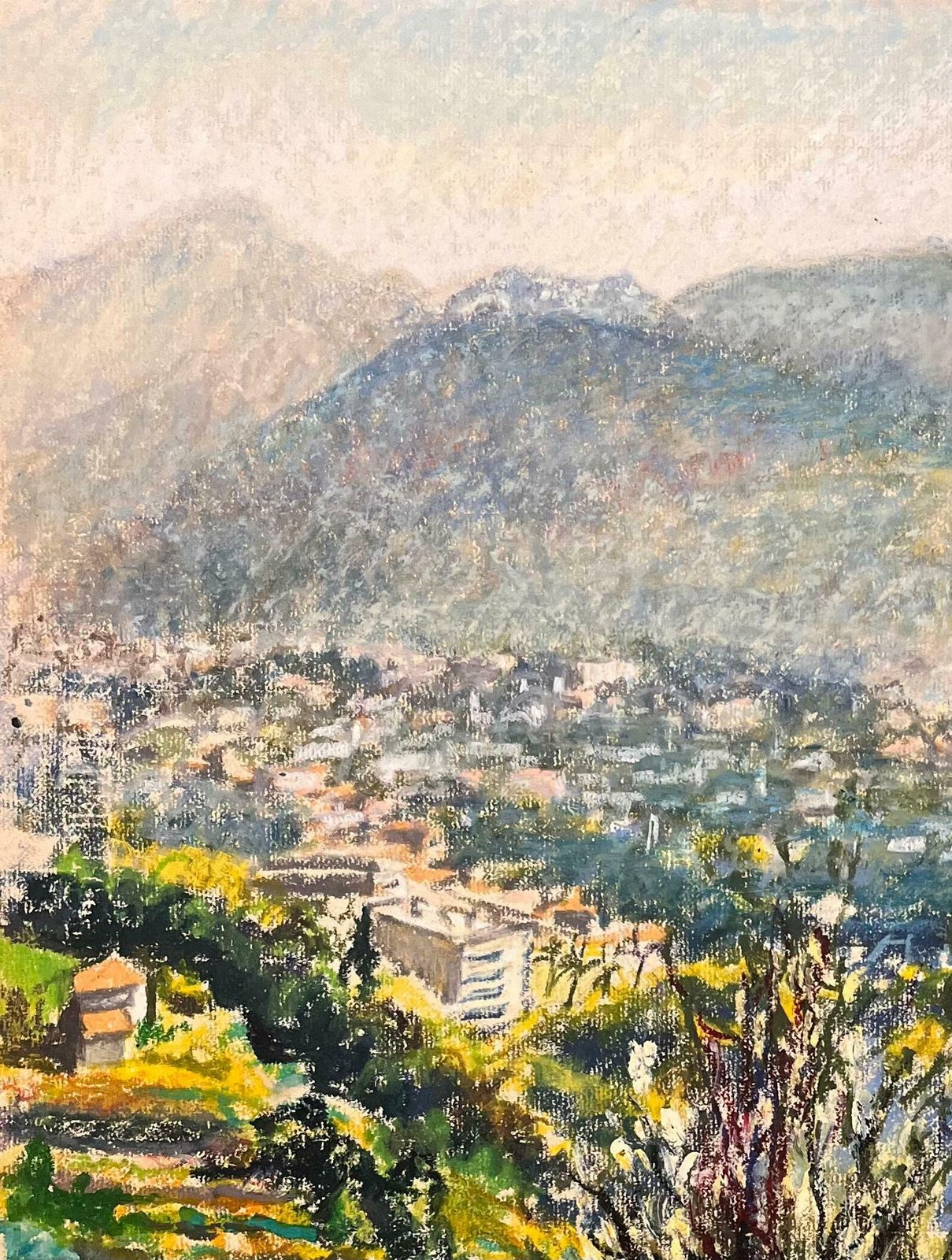 Josine Vignonmid Century French Original Pastel Drawing Of Mountain View Overlooking Village1950's photo for sale
