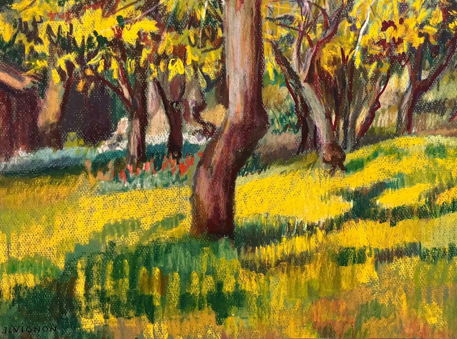 Josine Vignonmid Century French Original Pastel Painting Of Vibrant Sun Drenched Orchard1950's photo vinterior