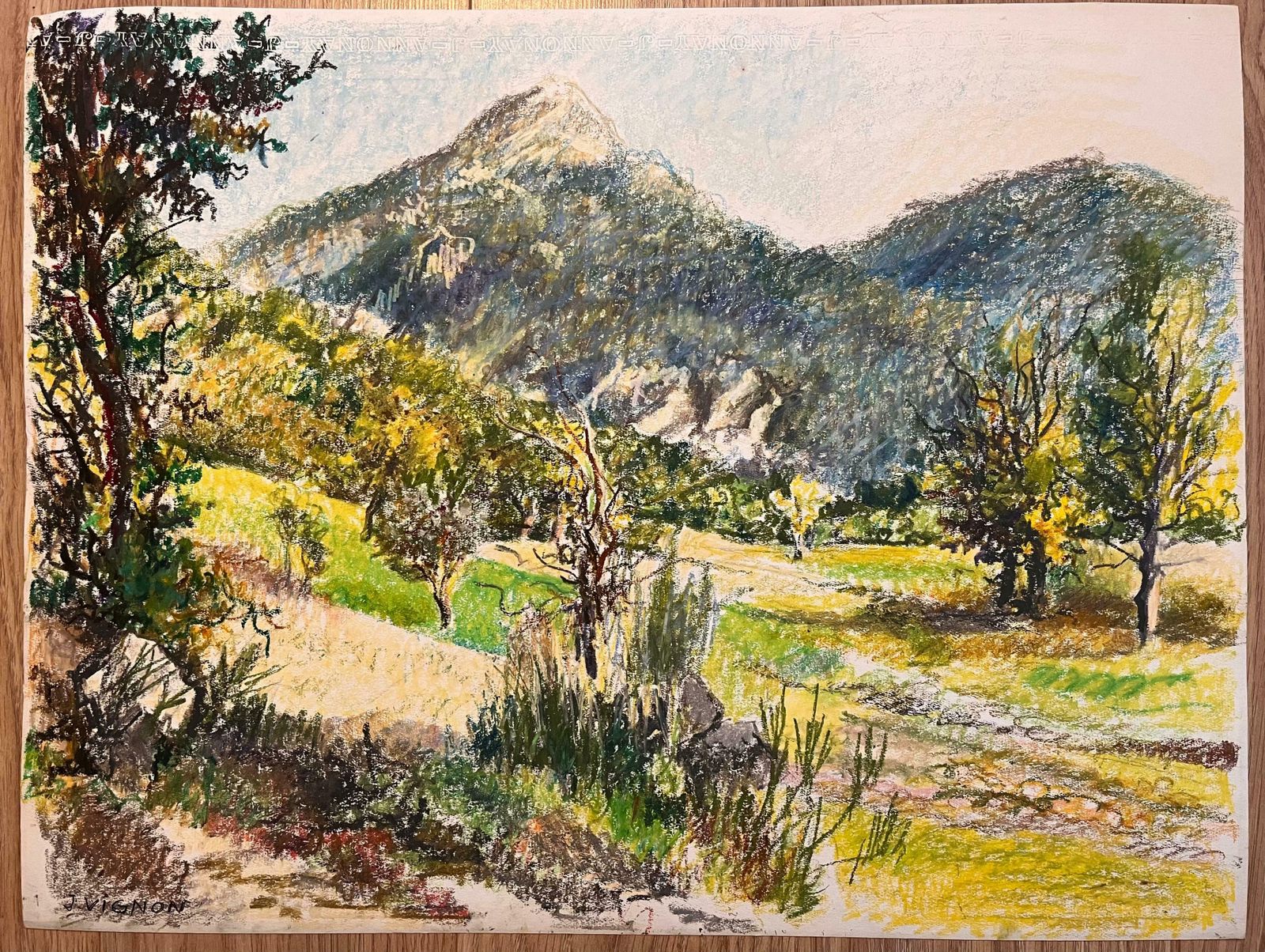 Josine Vignonmid Century French Original Pastel Drawing Of Mountainous Landscape Scene1950's photo furniture
