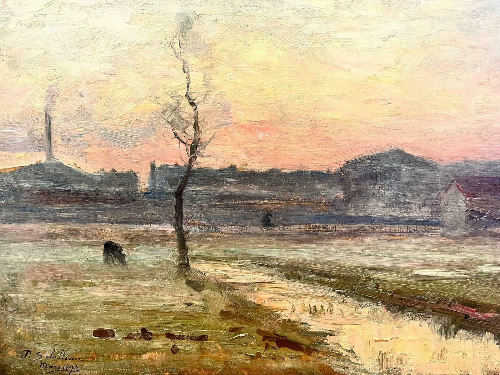 Paul Sébilleau 1890’s French Impressionist Signed Oil Pink Sunset Sky Over Countryside Fields1893