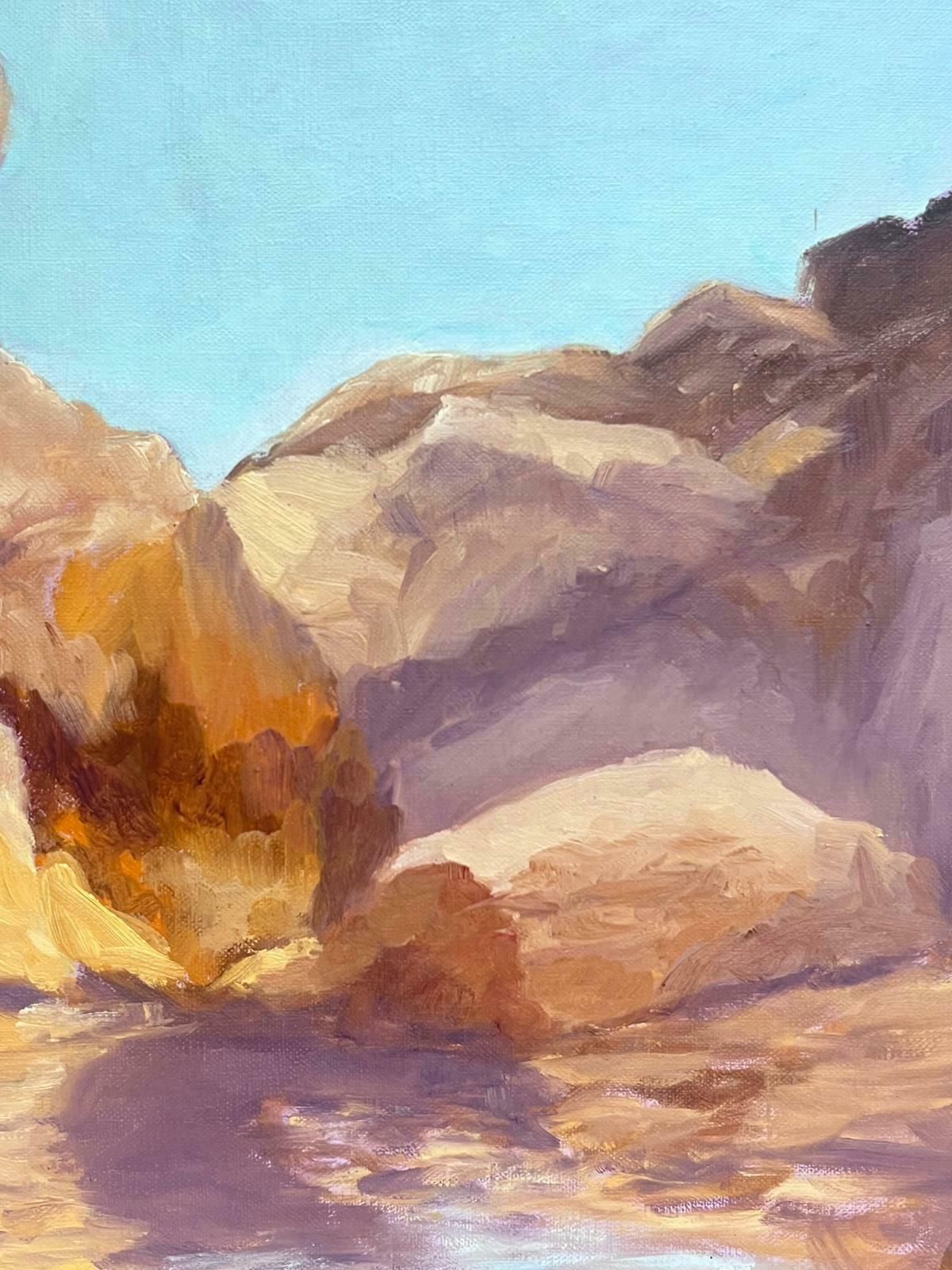 Geza Somerset Paddoncrumbling Layered Rocks Into Lake Contemporary British Oil Painting Canvas photo 560.0