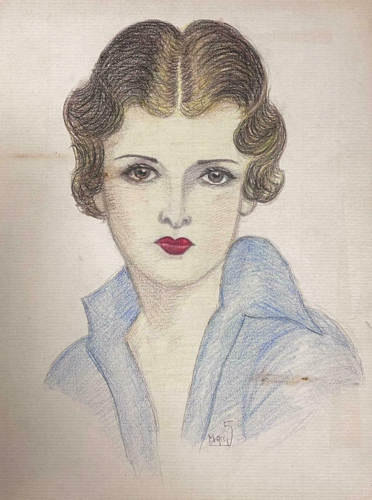 Marjorie Schiele (1913 2008)Portrait Of Elegant Young Society Lady Exquisite Drawing Red Lips Blue Shirt