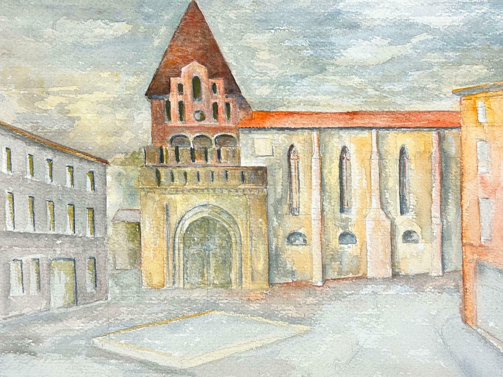 Bernard Labbe1950's Modernist/ Cubist Painting   French Town Sqaure1950's photo furniture