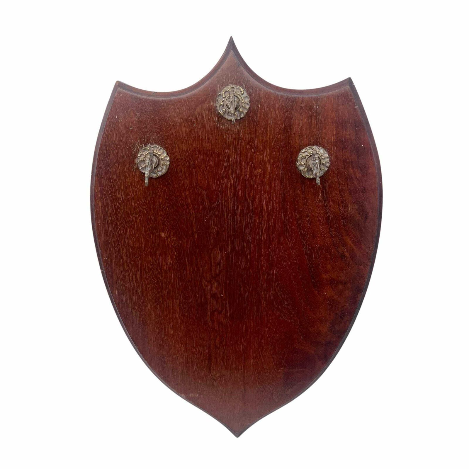 Antique Large Mahogany Shield With 3 Gilt Brass Hooks   Key Holder   Watch Display   Home Decor