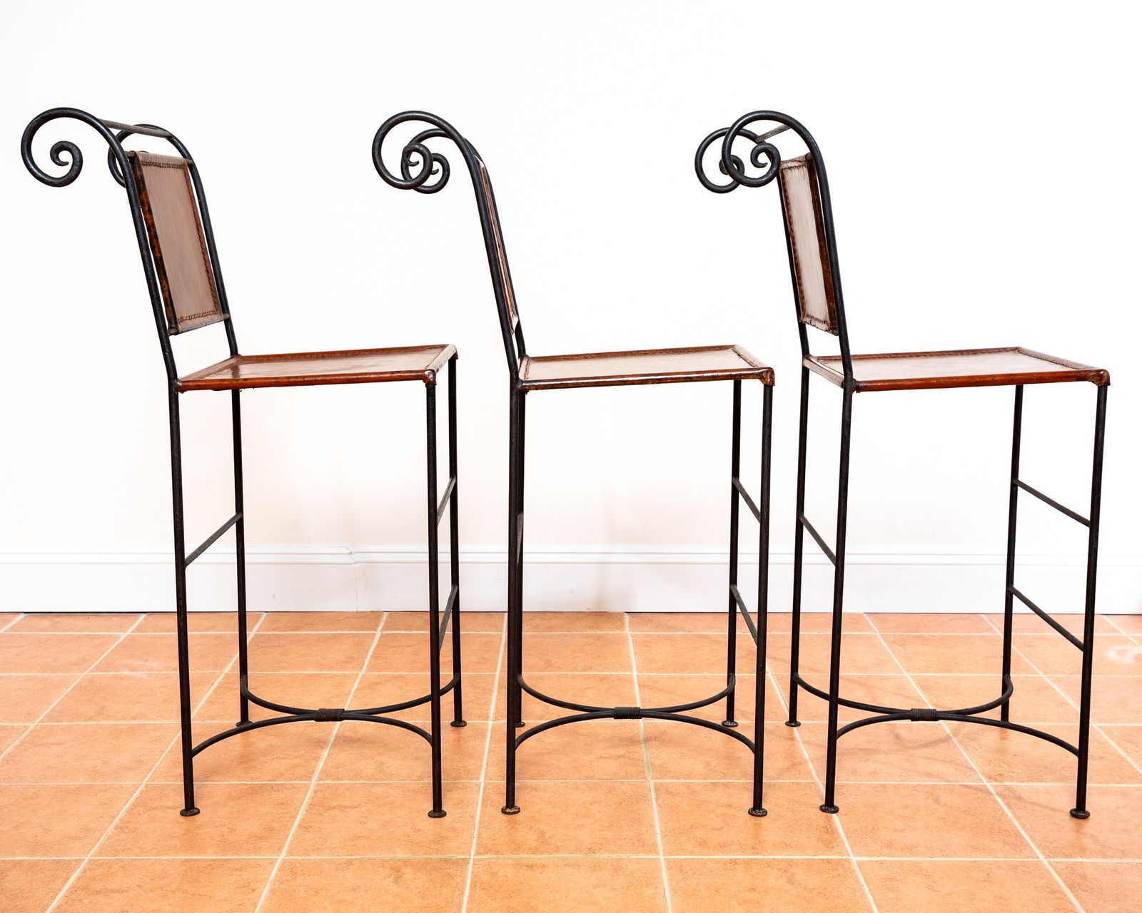 3 Ralph Lauren Barstools Tan Leather Wrought Iron High Bar Stools Neoclassical Designer Artisan Forged Hand Stitched Curule Art D.Eco photo Furniture