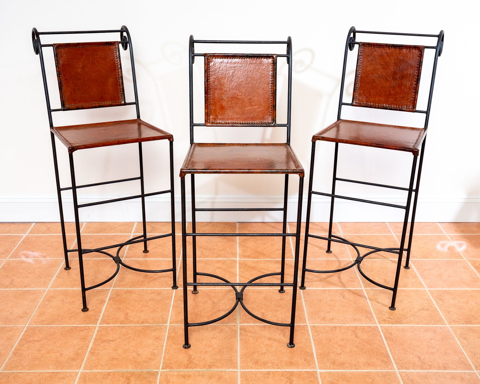 3 Ralph Lauren Barstools Tan Leather Wrought Iron High Bar Stools Neoclassical Designer Artisan Forged Hand Stitched Curule Art D.Eco photo 2750.0