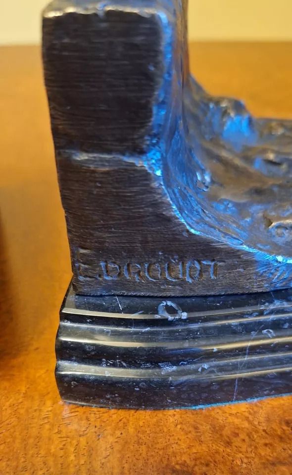Pair Of Bronze And Marble Bookends Barking Dogs From E Drouot, France C. 1890 photo vinterior