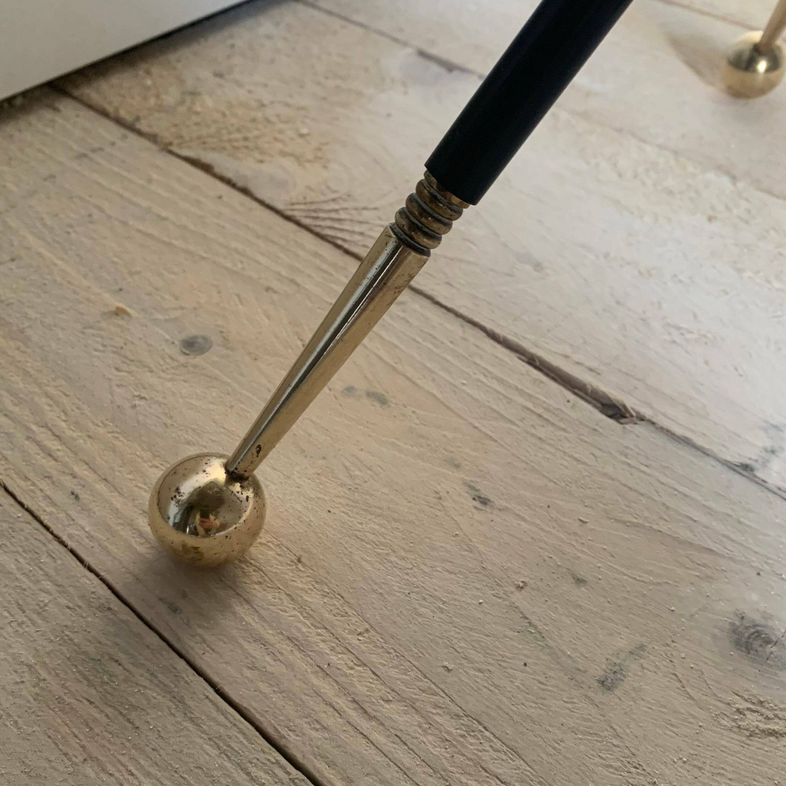 Vintage Black Metal Tripod Floor Lamp And Brass Ball photo Lighting