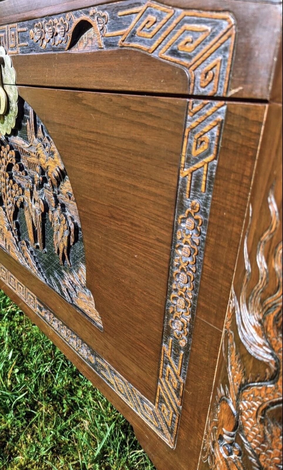 Superb Vintage Chinese Carved Camphor Wood Blanket Chest Delivery Available 0170. photo vinterior