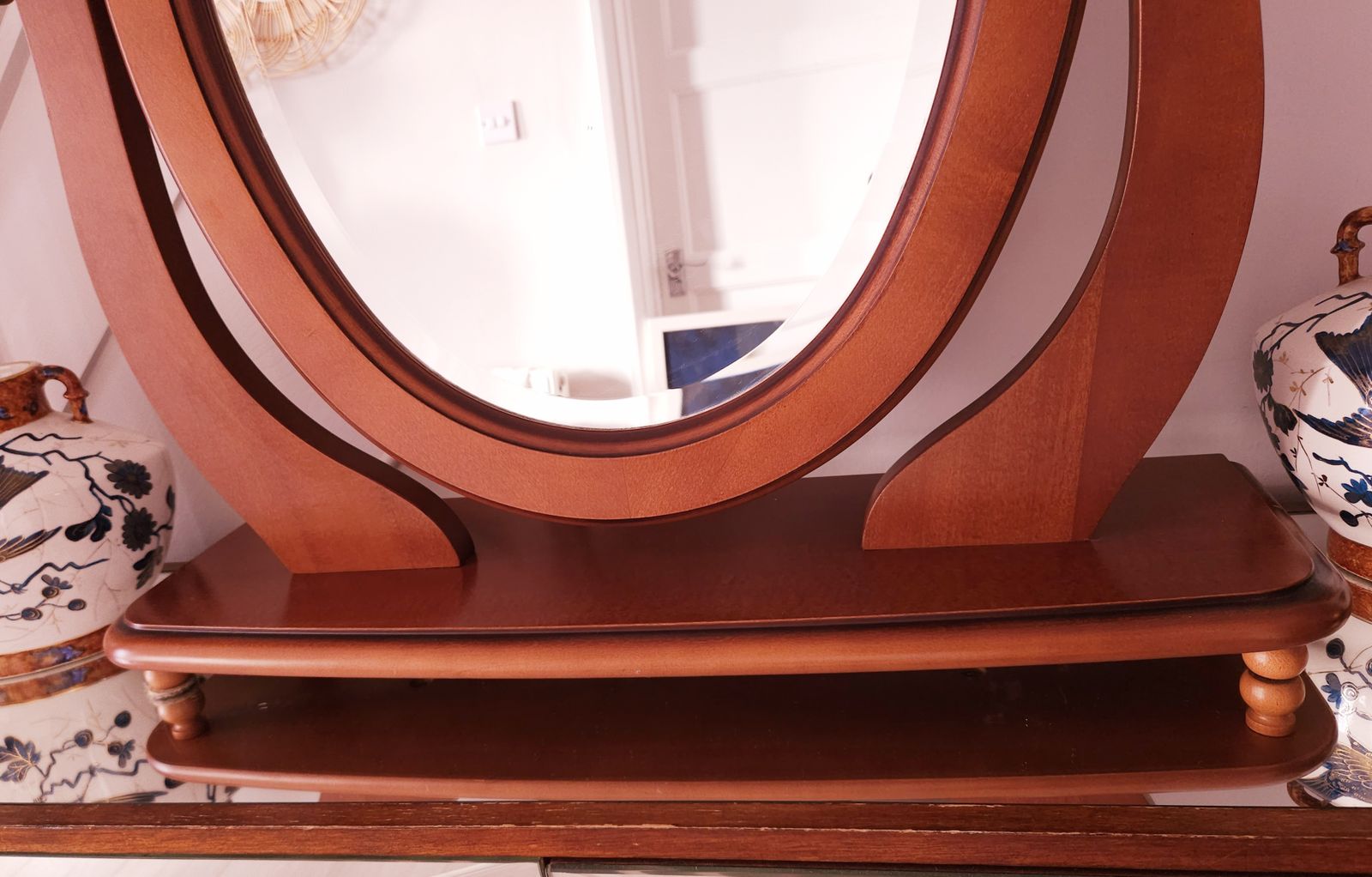 Large, Oval, Bevelled, Mirror In Light Mahogany To Sit On Top Of Furniture photo for sale