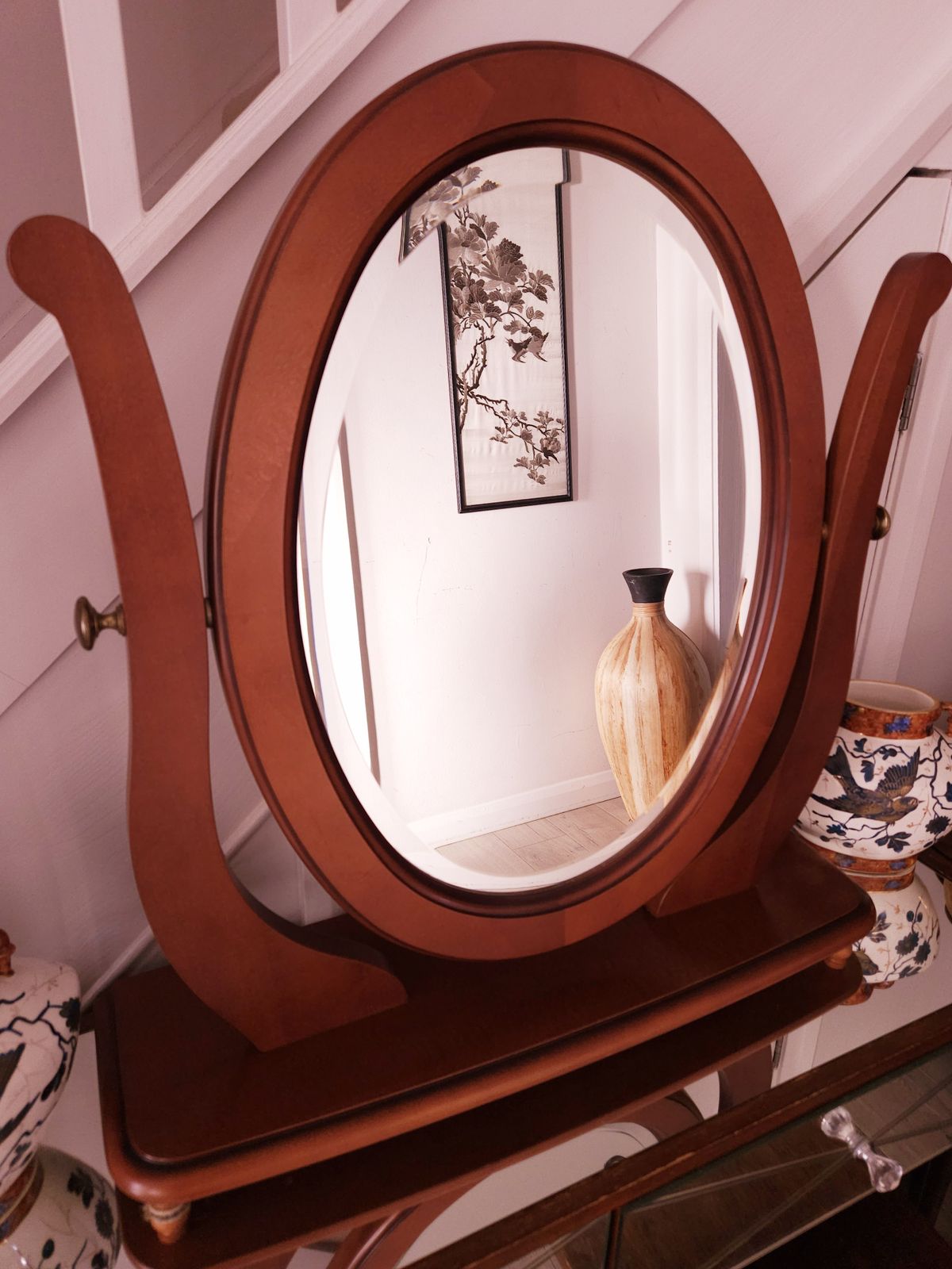 Large, Oval, Bevelled, Mirror In Light Mahogany To Sit On Top Of Furniture photo Home Decor