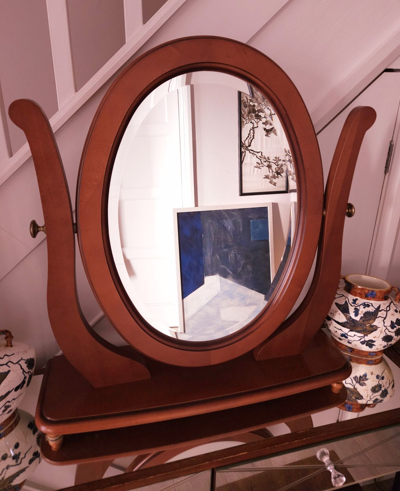 Large, Oval, Bevelled, Mirror In Light Mahogany To Sit On Top Of Furniture photo 99.0