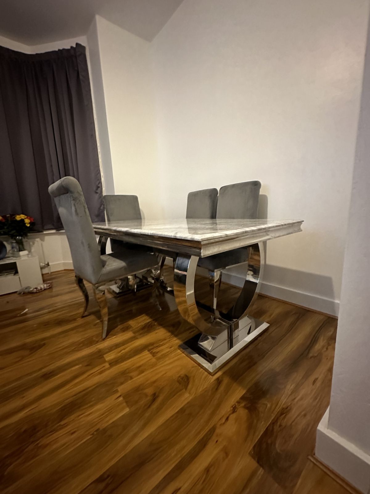 Ariana Light Grey Marble Dining Table And 6 Grey Velvet Lion Knocker Chairs 1.8m photo for sale
