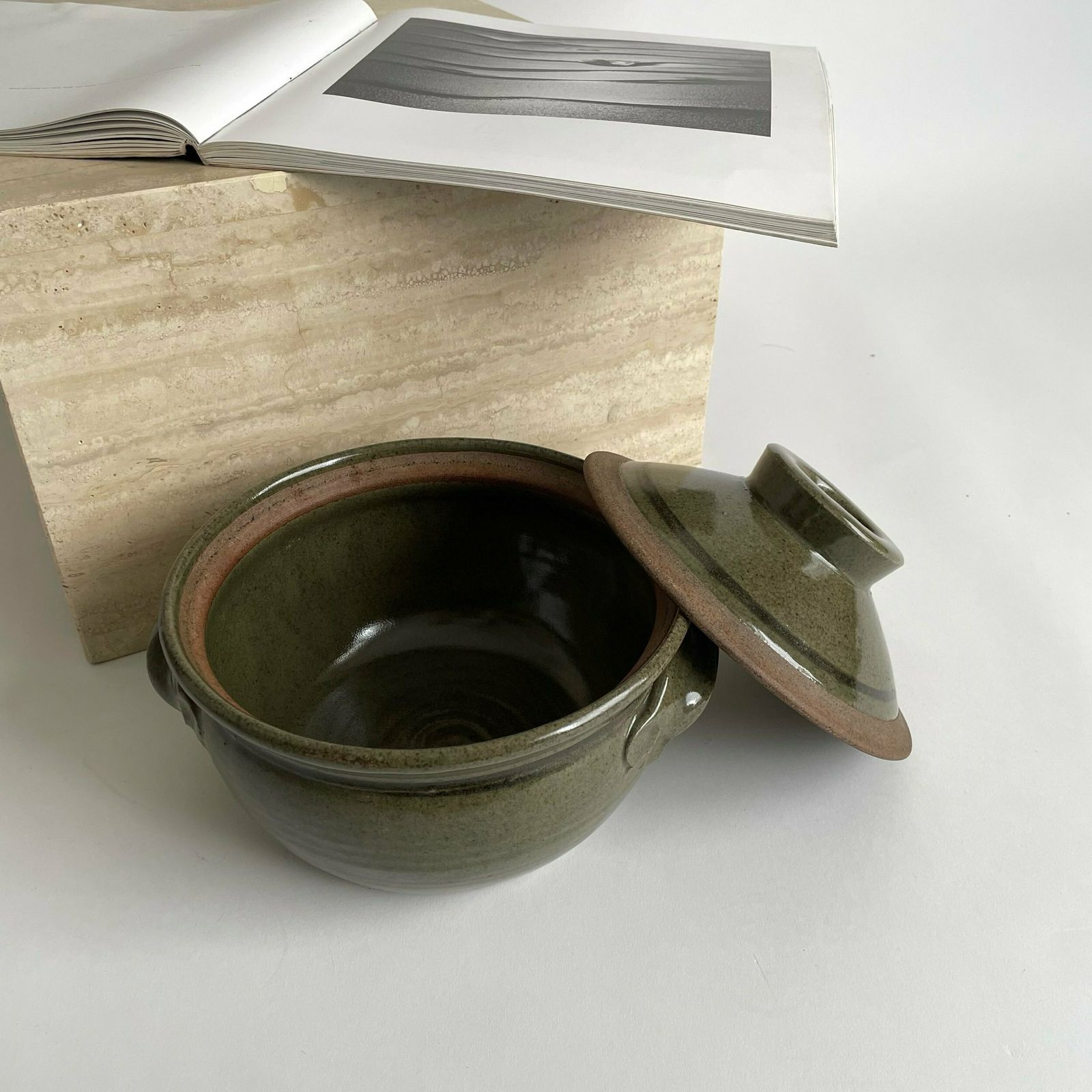 Rare Mid Century Richard Champion Of Yeo Valley Pottery Large Stoneware Lidded Bowl In Green Earthy Tones photo for sale