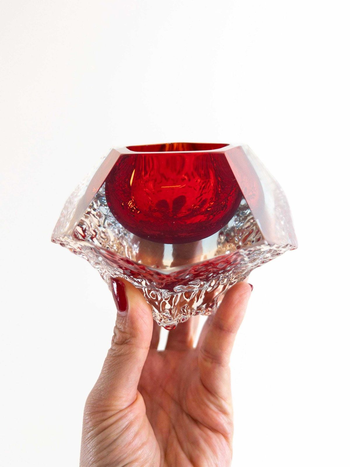 Murano Textured Sommerso Faceted Bowl In Red, Blue And Clear By Mandruzzato Glass Company   Made In Italy photo furniture