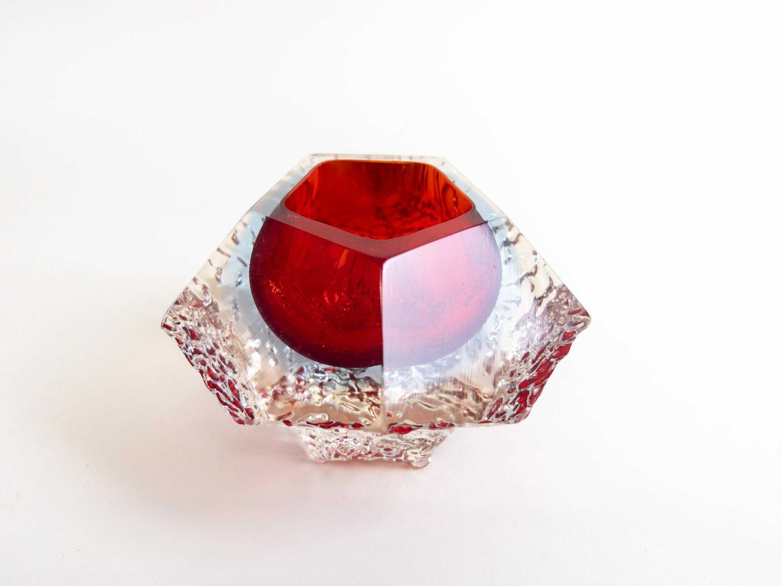 Murano Textured Sommerso Faceted Bowl In Red, Blue And Clear By Mandruzzato Glass Company   Made In Italy photo vintage