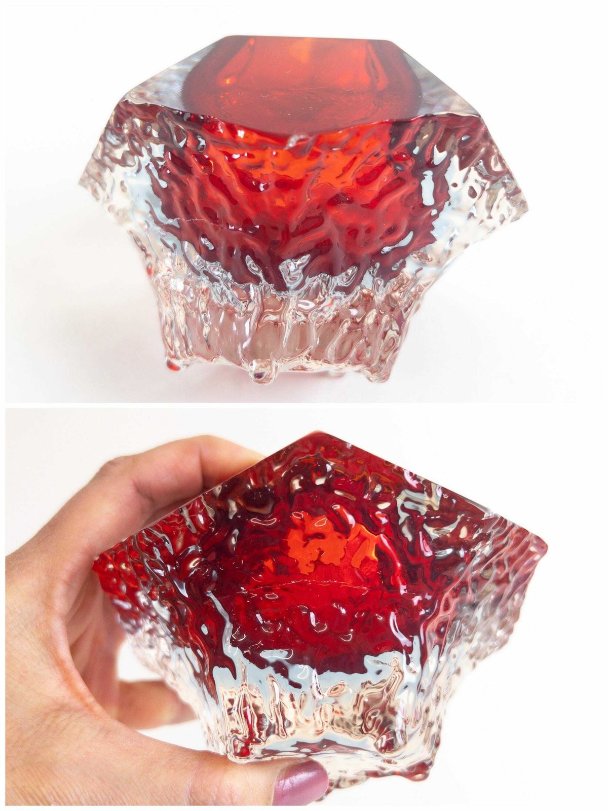photo for sale Murano Textured Sommerso Faceted Bowl In Red, Blue And Clear By Mandruzzato Glass Company   Made In Italy