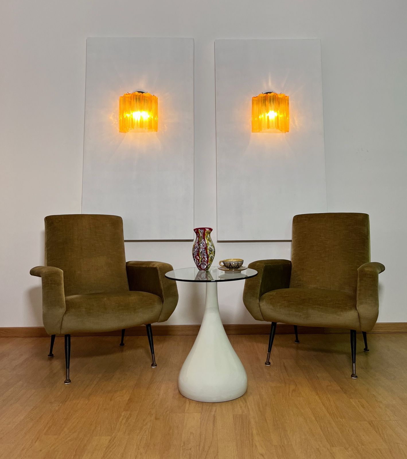 Fantastic Pair Of Murano Glass Tube Wall Sconces   5 Amber Glass Tube photo for sale