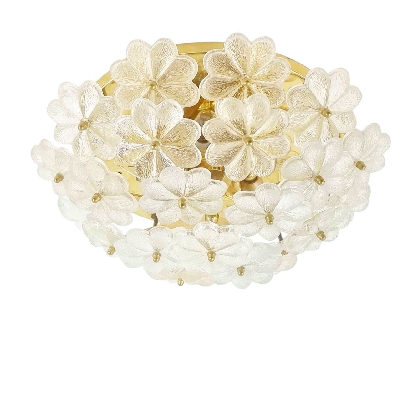 Large Mid Century Murano Glass & Brass Flower Flush Mount/Ceiling Light By Ernst Palme, Germany, 1960s/70s