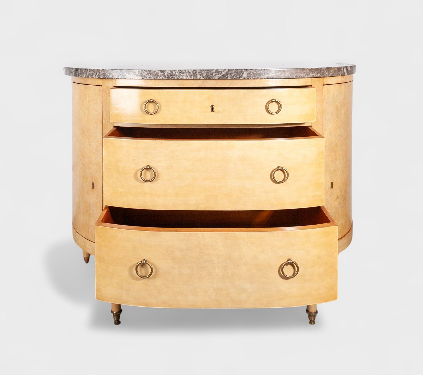 Mid 20th Century Modern André Arbus Style Parchment Covered Wood And Marble Demilune Dresser, France photo Furniture
