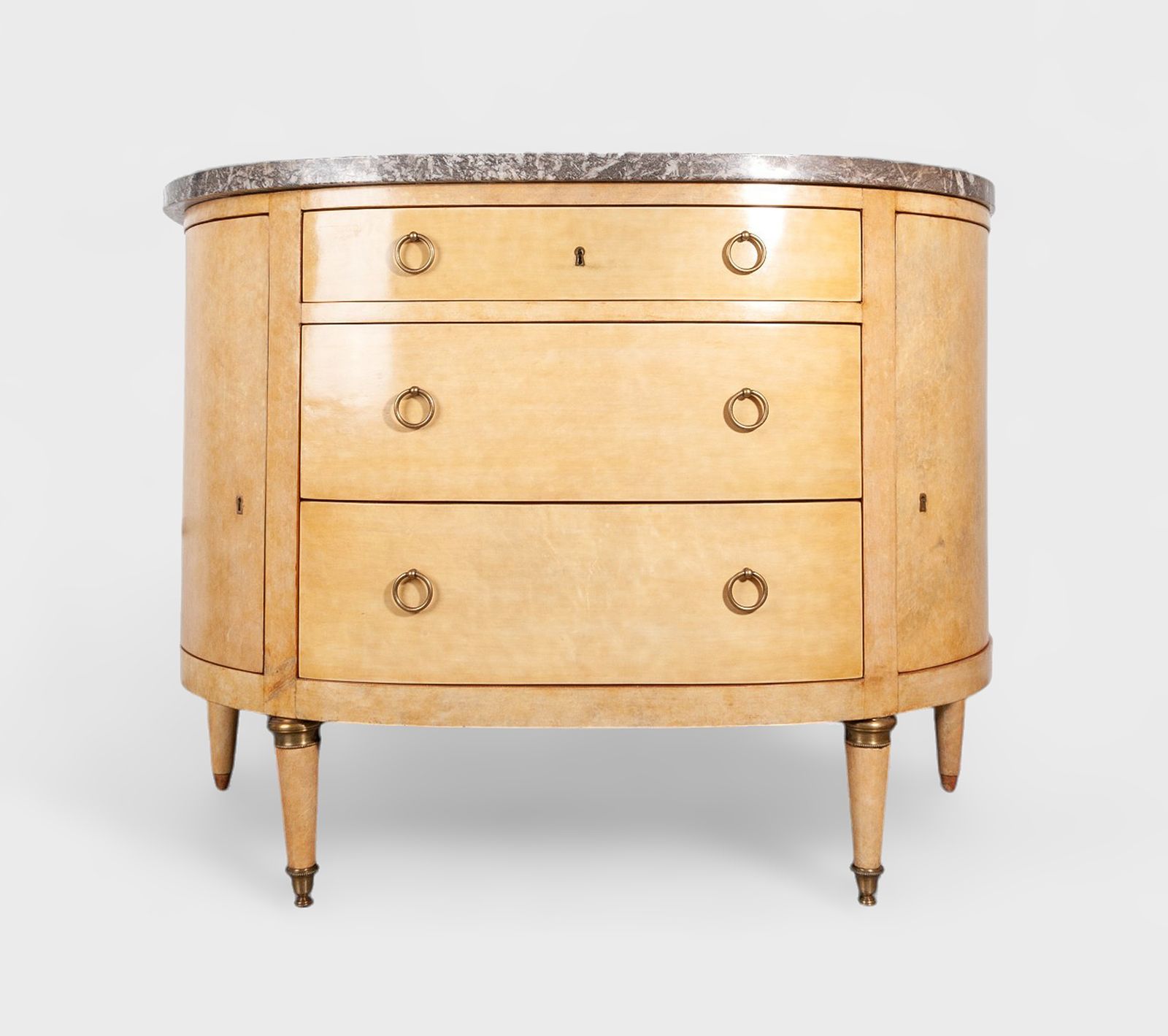 Mid 20th Century Modern André Arbus Style Parchment Covered Wood And Marble Demilune Dresser, France