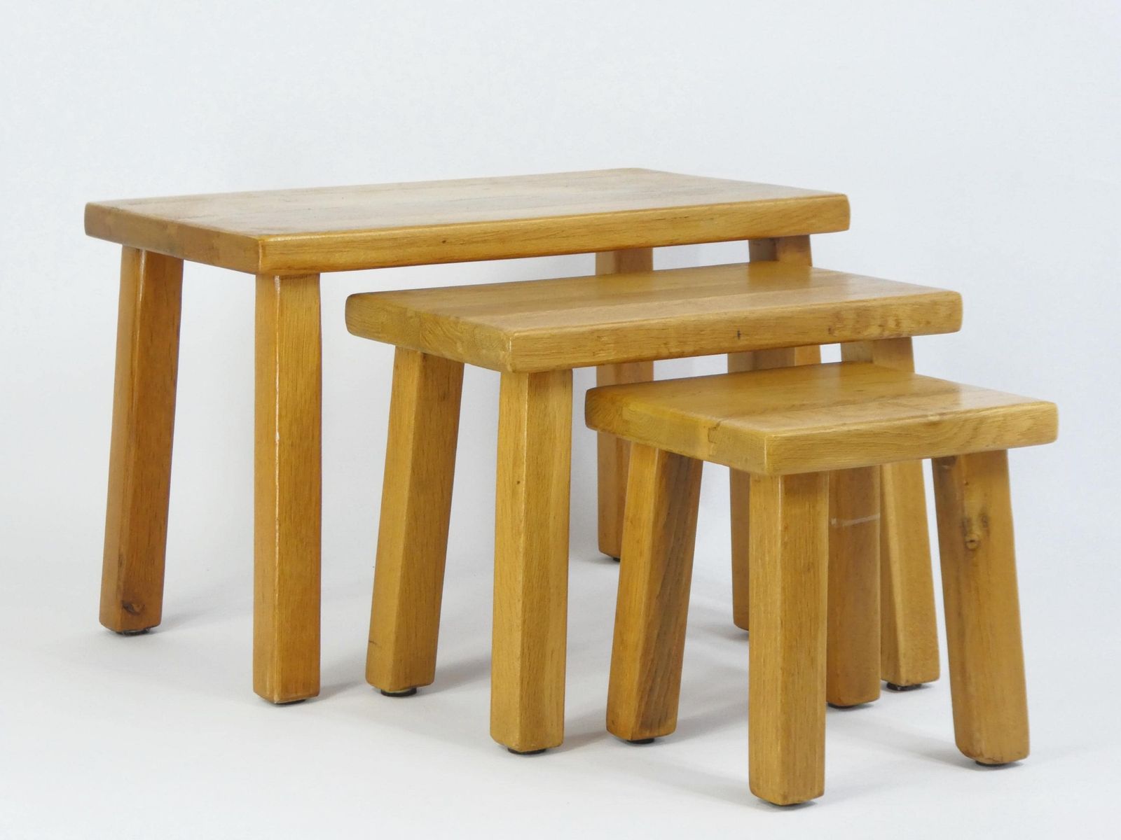Vintage Wooden Nesting Set Of 3 Rectangular Tables, Brutalist Light Oak Primitive Milking Stools, Beautiful Side Tables, Plant Stand photo for sale