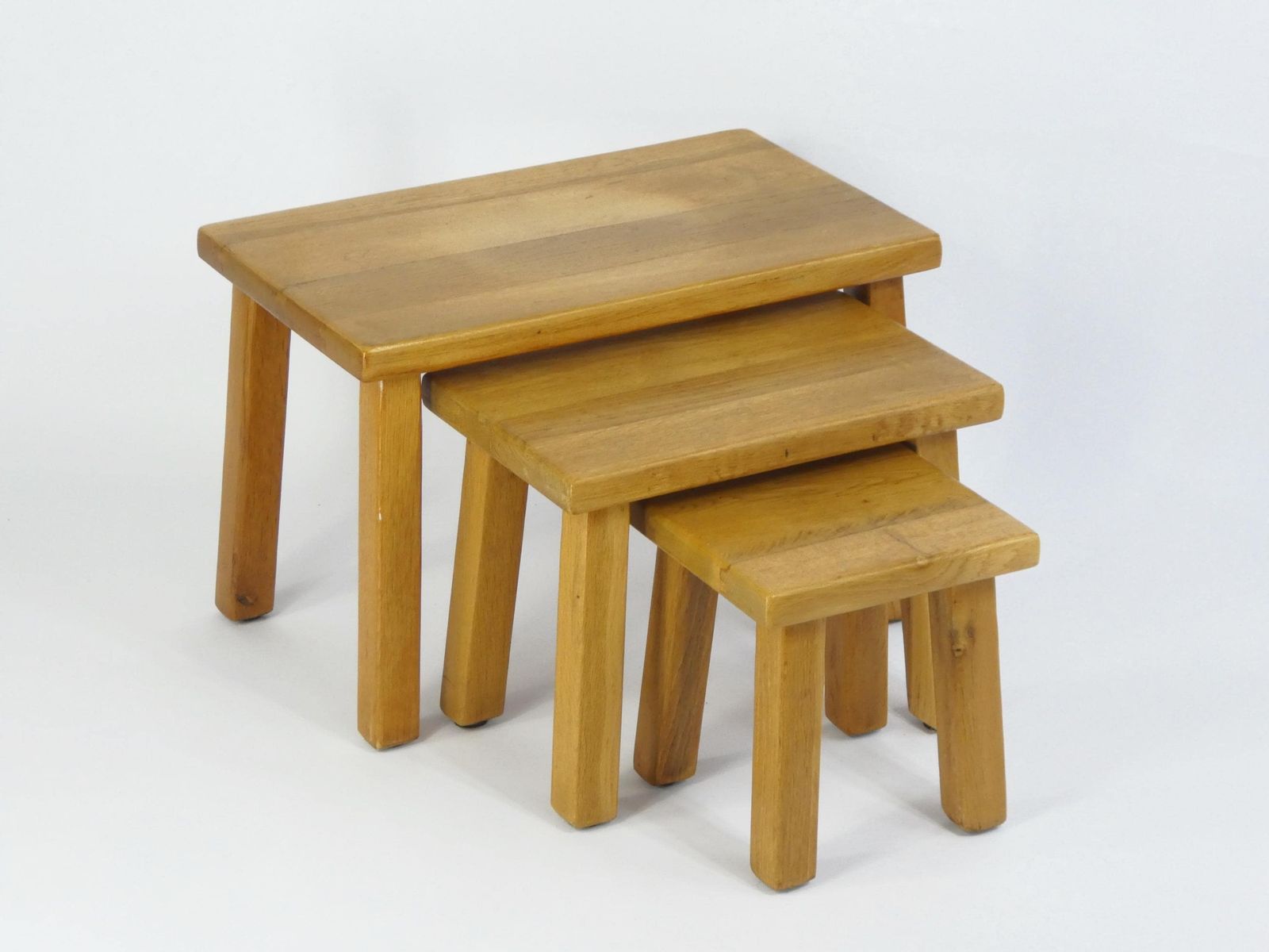 Vintage Wooden Nesting Set Of 3 Rectangular Tables, Brutalist Light Oak Primitive Milking Stools, Beautiful Side Tables, Plant Stand photo vinterior