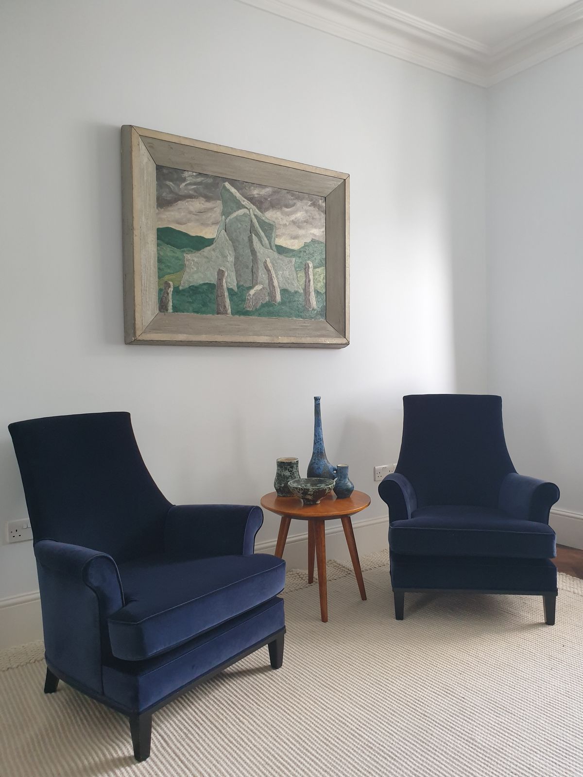 Pair Of Mid Century Modern   American Armchairs In Blue Velvet.