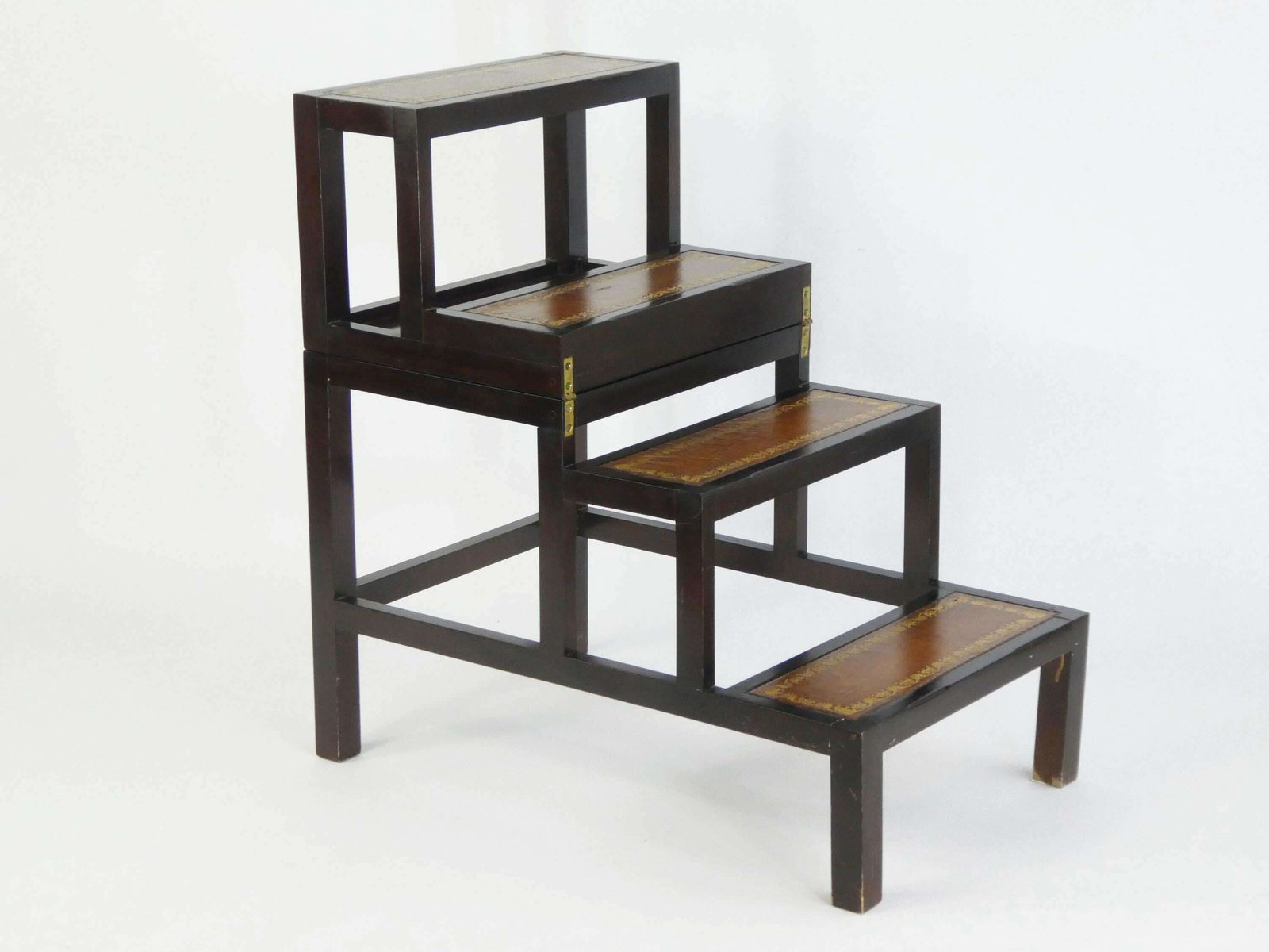 Metamorphic Wooden Stairs With Leather, Foldable Library Steps With Brown Inlaid Leather, Large Edwardian Bookcase Ladder photo vinterior