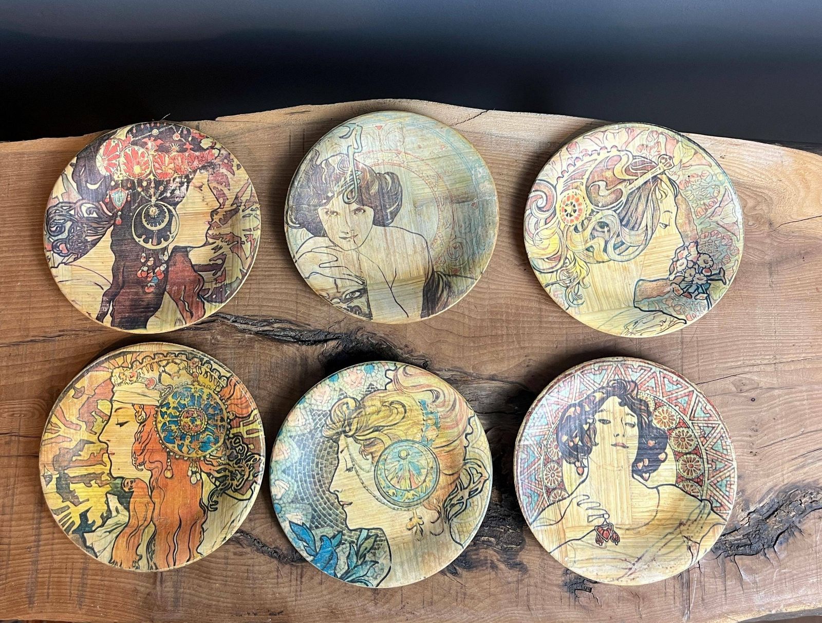 Vintage Mucha Art Nouveau Bamboo Dishes Coasters, Drinkware, Kitchen Decor, Coffee Mats, Living Room Design, Collectibles Piece