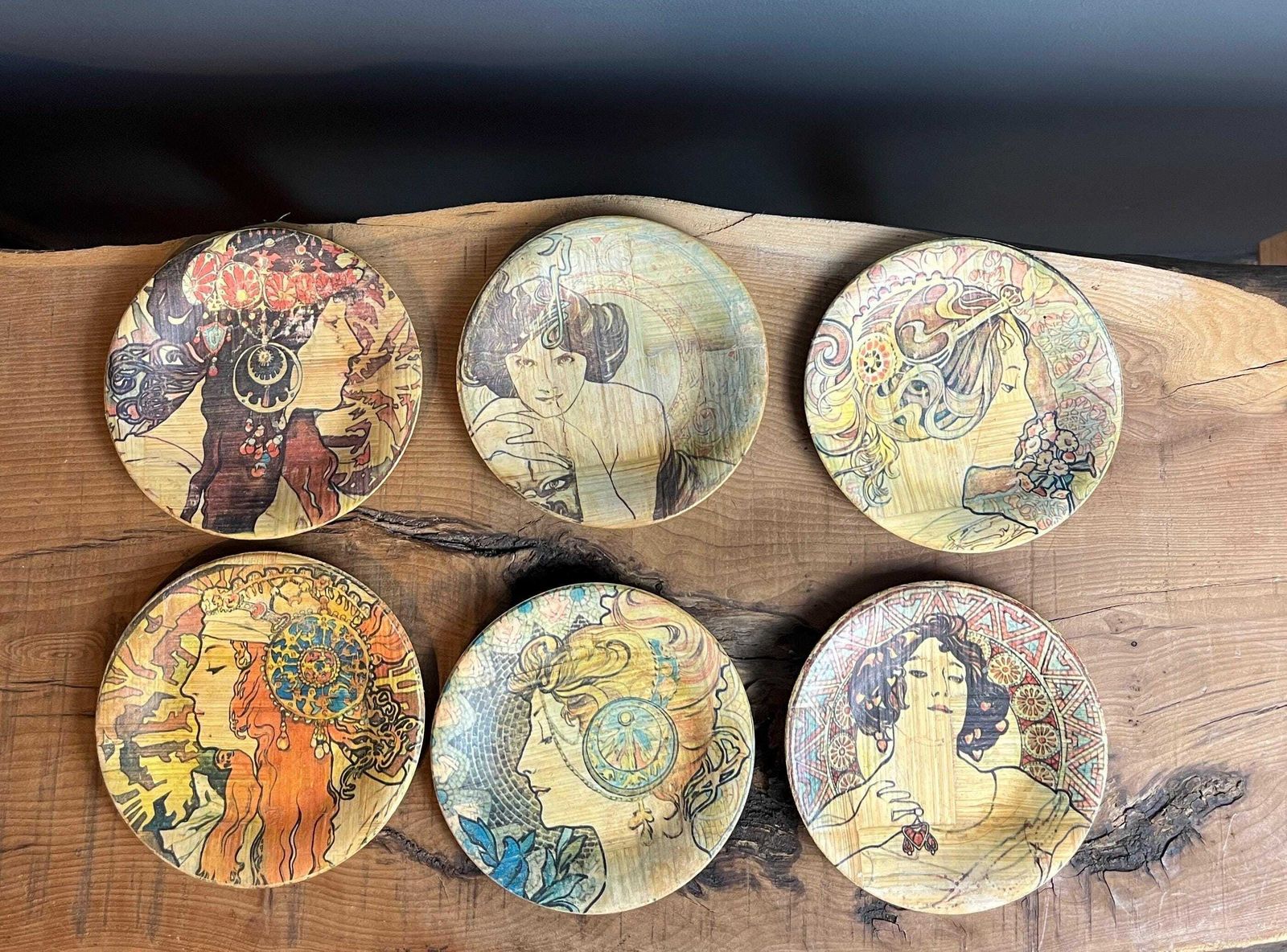 Vintage Mucha Art Nouveau Bamboo Dishes Coasters, Drinkware, Kitchen Decor, Coffee Mats, Living Room Design, Collectibles Piece photo for sale