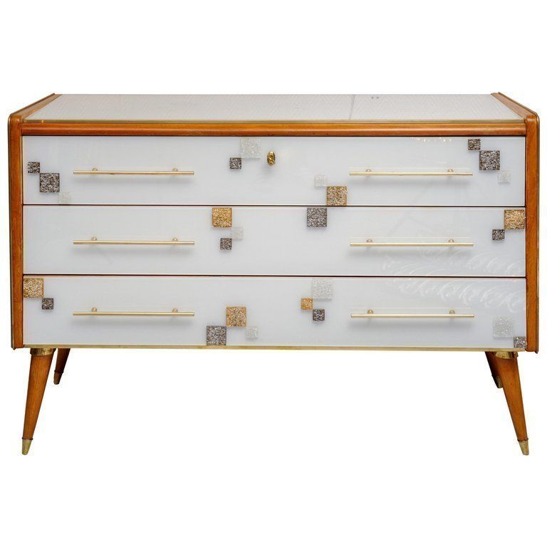 Commode With Three Drawers In Teinted Glass And Applications In Murano Glass