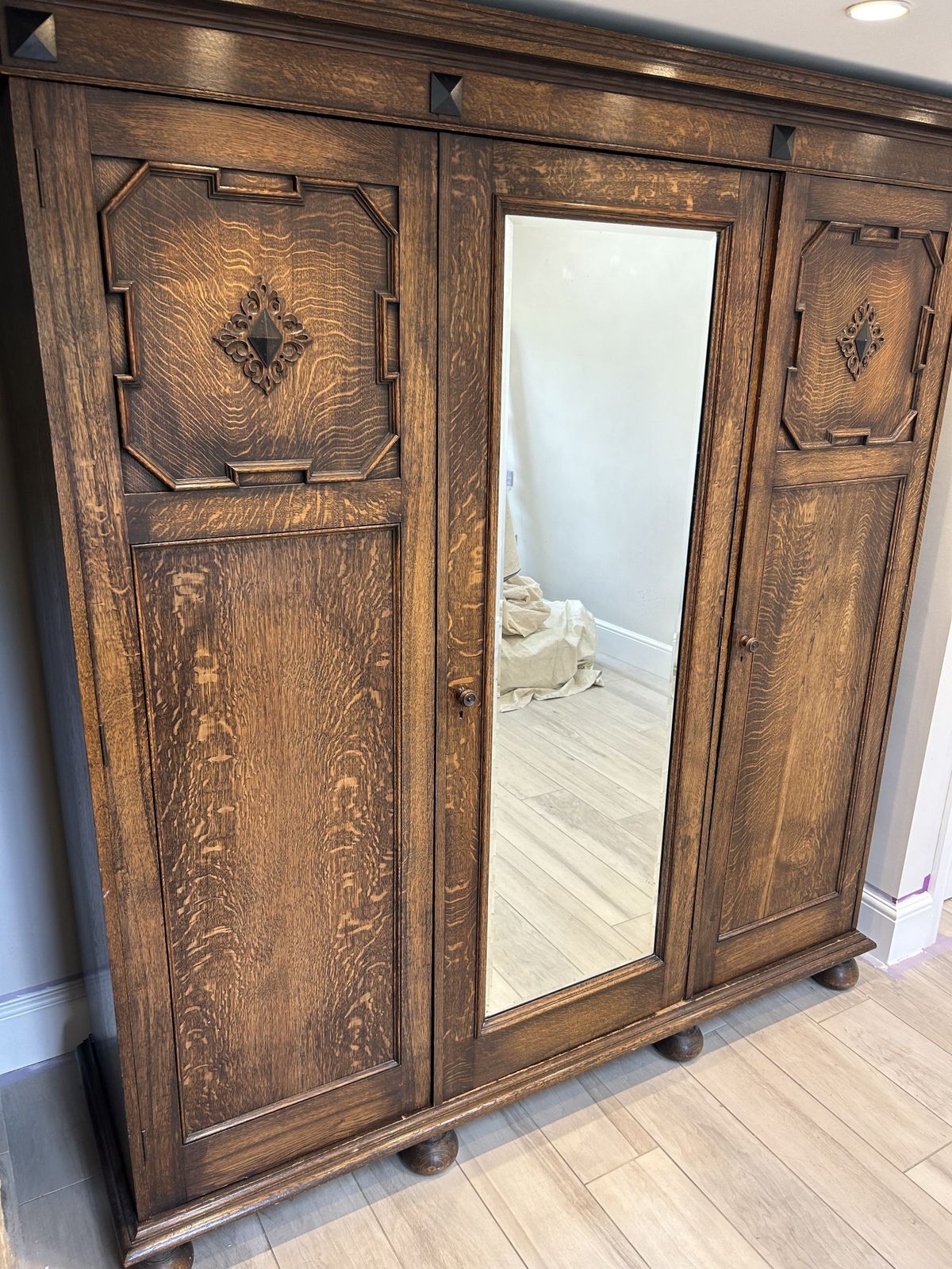 photo furniture Antique Jacobean Style Robeson's Triple Oak Wardrobe