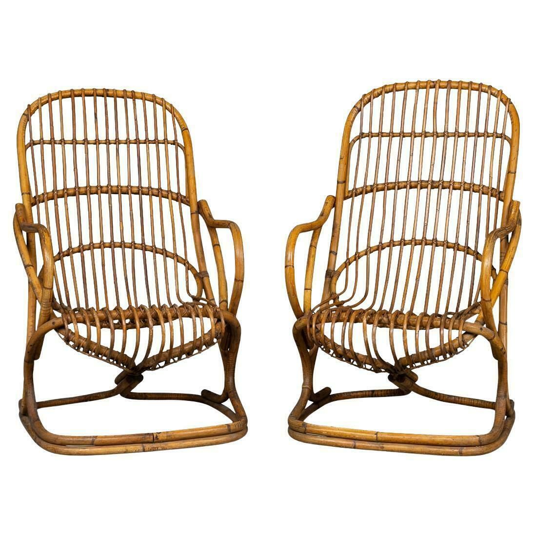 20th Century Italian Pair Of Wicker Armchairs By Tito Agnoli C.1960