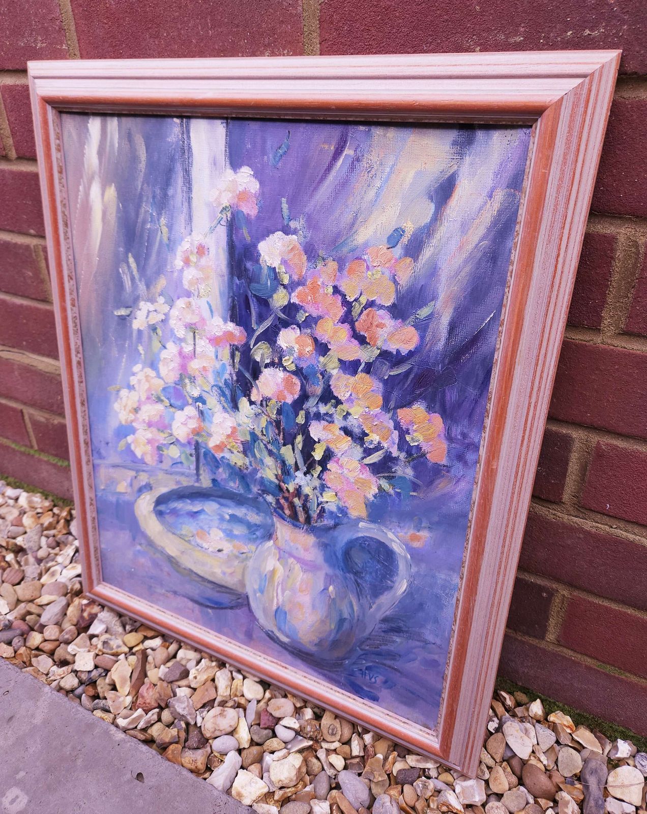 Mid Century Framed Oil On Board Of Floral Bouquet Entitled 'The Gift photo furniture