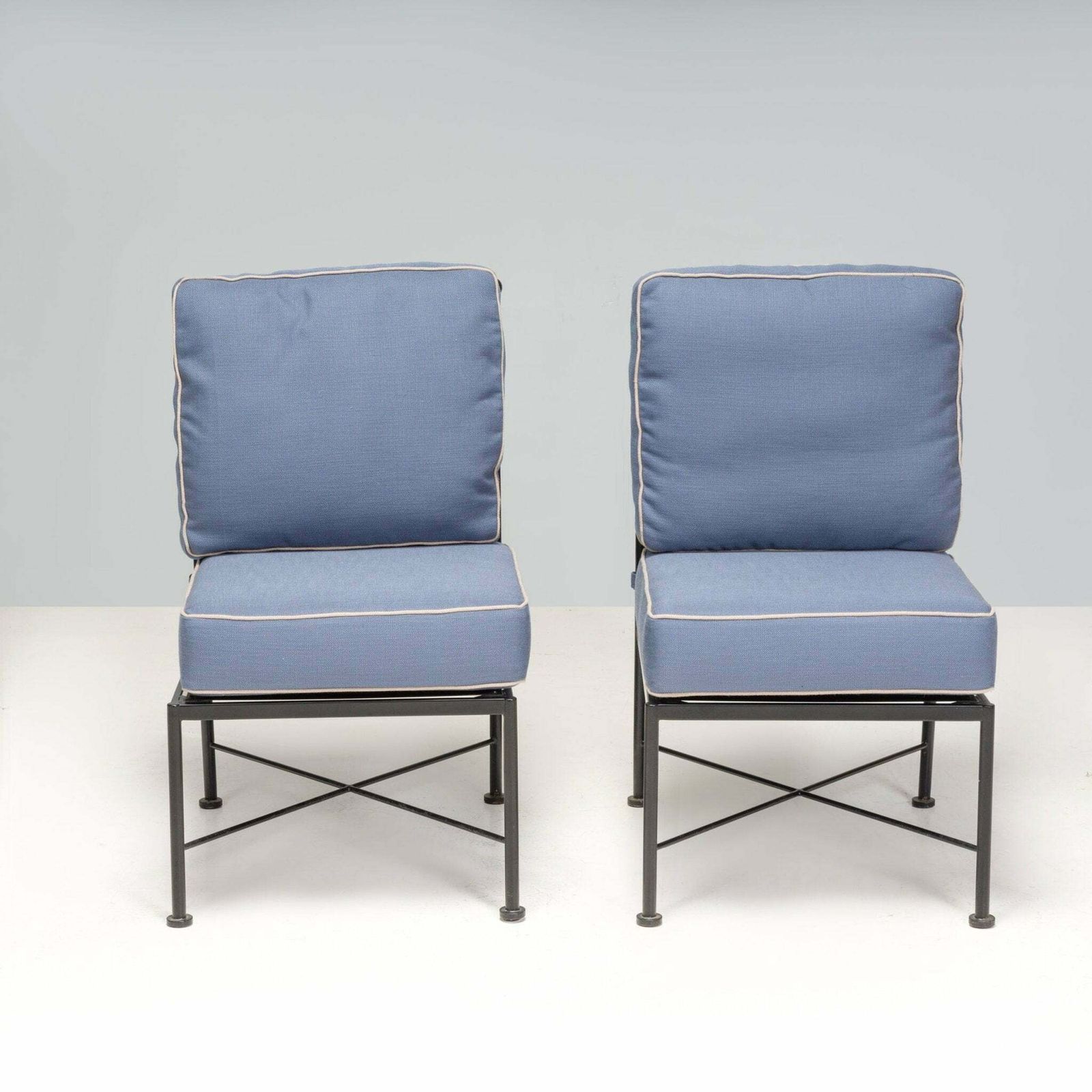 Wrought Iron Outdoor Light Blue And Cream Dining Chair photo for sale