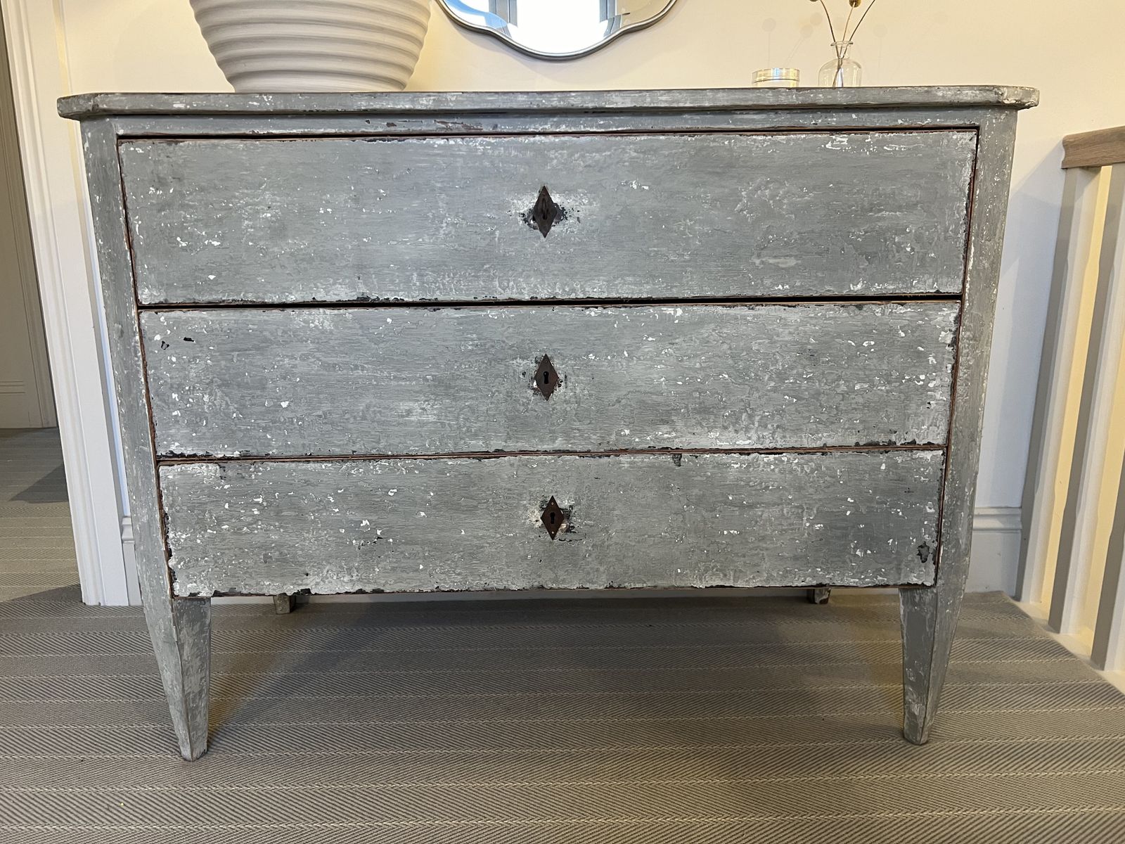 Swedish Gustavian Large Antique Light Blue/Grey Painted Chest Of Drawers/Cabinet