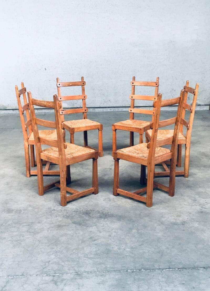 photo buy Rustieke Brutalist Design Eiken Lattenrug Eetkamerstoelen, België Jaren 1960