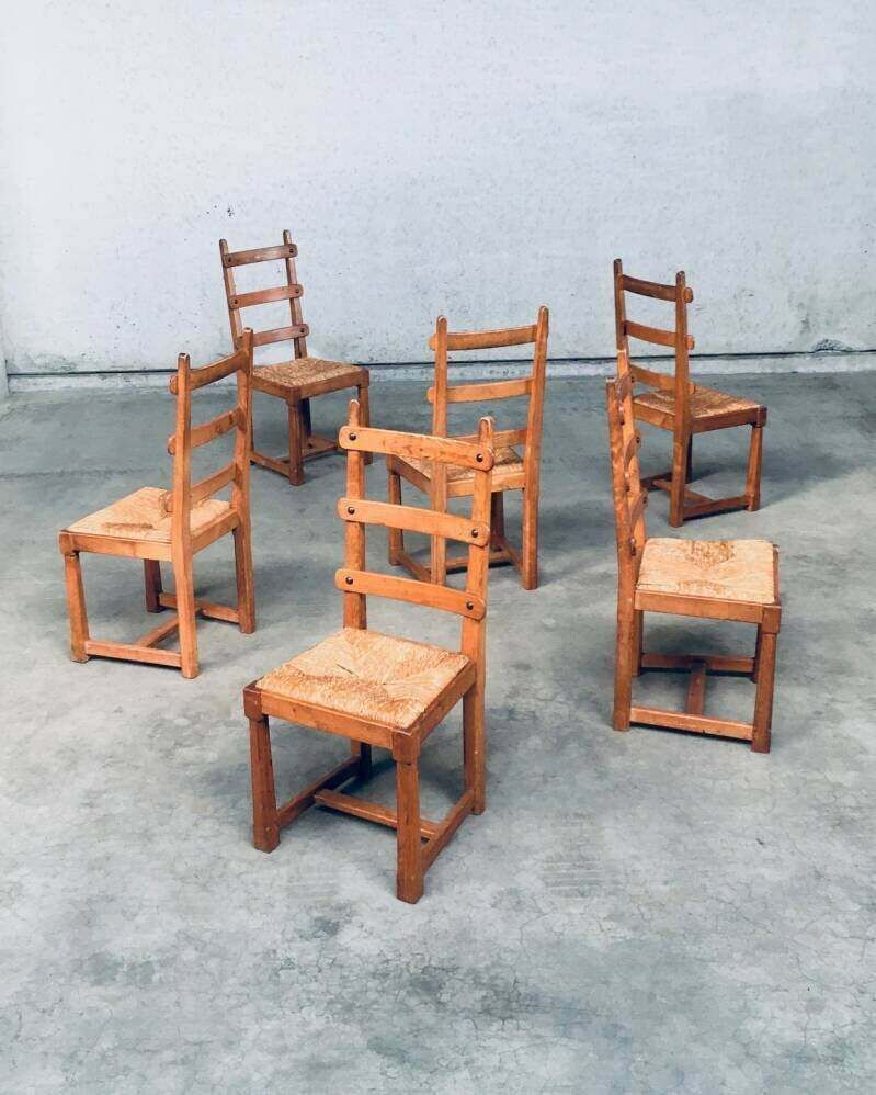 photo vintage Rustieke Brutalist Design Eiken Lattenrug Eetkamerstoelen, België Jaren 1960