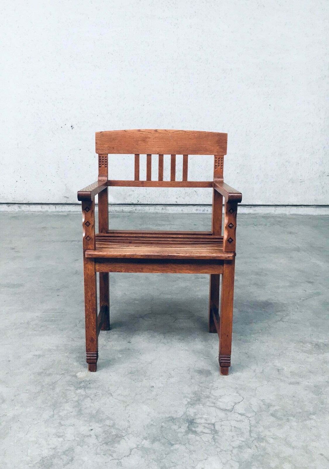 Dutch Modernism Design Carved Oak Arm Side Chair, Netherlands 1920's photo 685.0