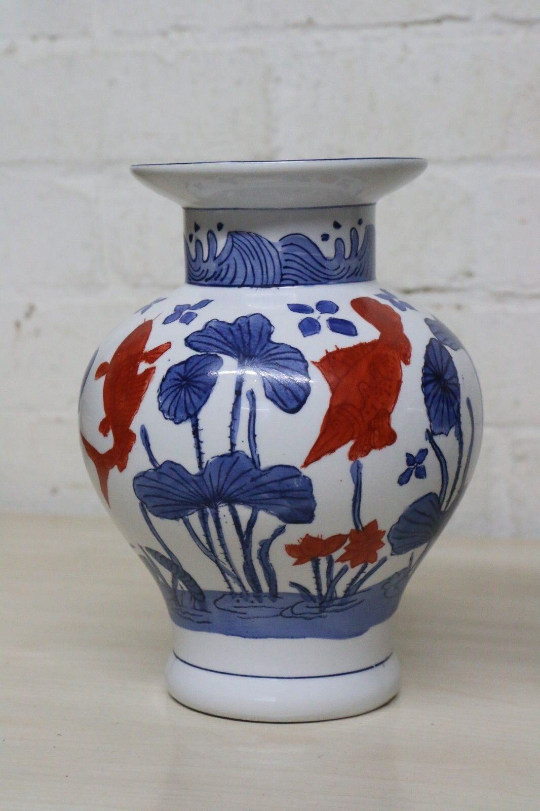 A Pair Of Chinese Ceramic Vases Aquatic Blue & White Orange Fish Koi Decorative photo for sale