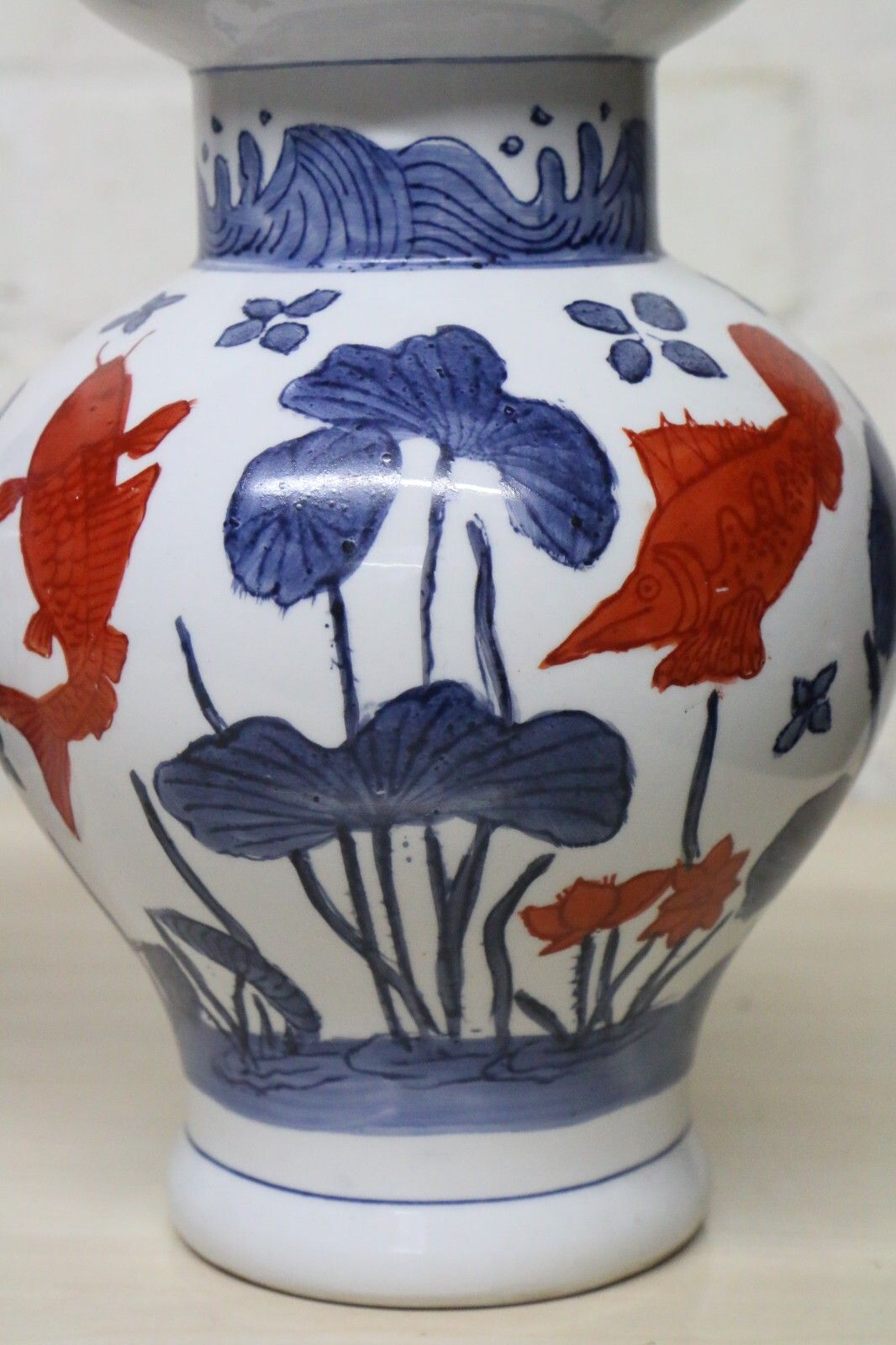 A Pair Of Chinese Ceramic Vases Aquatic Blue & White Orange Fish Koi Decorative photo 110.0