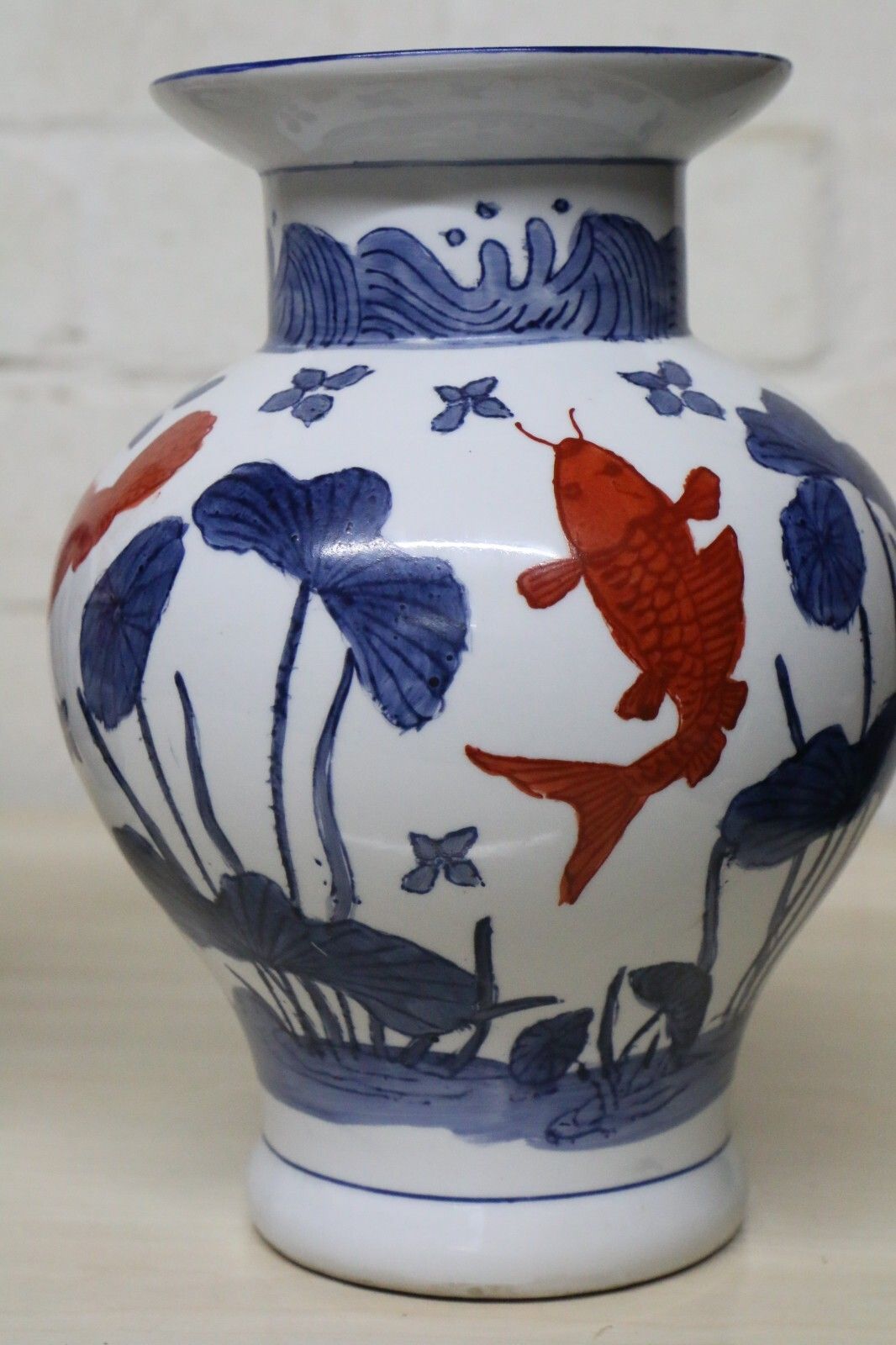 A Pair Of Chinese Ceramic Vases Aquatic Blue & White Orange Fish Koi Decorative photo buy