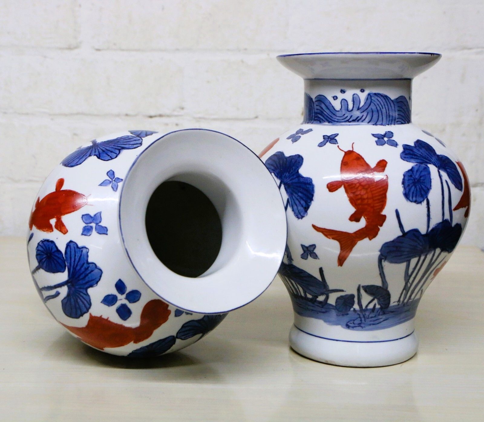 Home Decor A Pair Of Chinese Ceramic Vases Aquatic Blue & White Orange Fish Koi Decorative photo