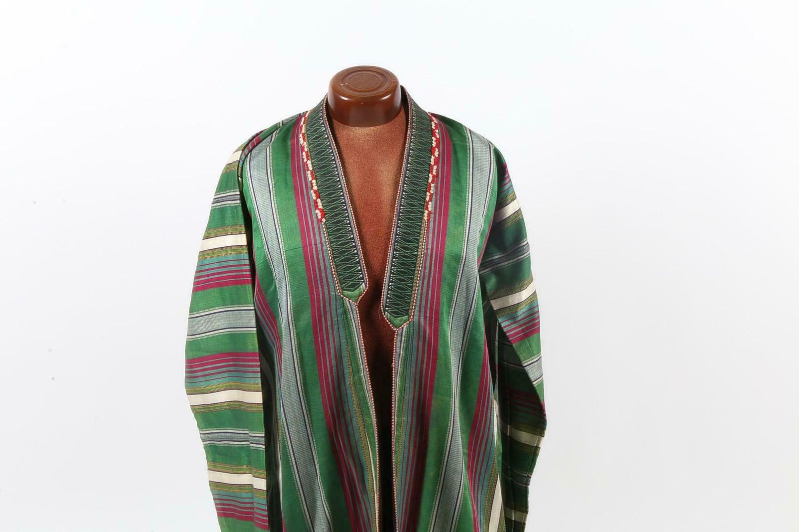 Antique Turkmen Silk Chapan Robe, Cream And Cream Striped Textile Dressing Gown photo Textiles