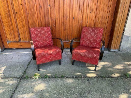 Furniture Red Lounge Chairs By Jindrich Halabala For Up Zavody, 1930s, Set Of 2 photo